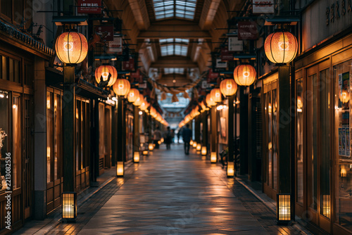 Warm Glowing Lanterns in Traditional Japanese Shopping Arcade at Dusk