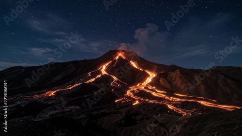 Erupting volcano with glowing orange lava rivers flowing down dark slopes under a starry night sky. Dramatic, realistic cinematic style with high contrast and fiery color, ideal for natural disaster