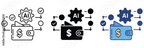 ai budget planner icon set, smart wallet money finance automation symbols for personal budgeting, financial management, digital banking, savings, investment planning, and expense tracking.
