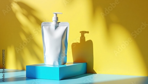 Flexible white plastic pouch on blue stand with copy space