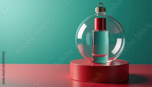 Red cosmetic bottle with transparent sphere and copy space