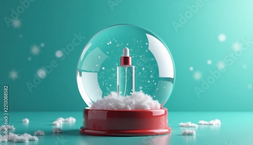 Lipstick inside snow globe with copy space on blue background