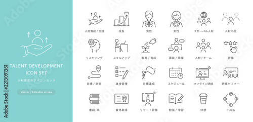 人材育成・研修・スキルアップのベクターアイコンセット (線画･モノクロ) Editable stroke