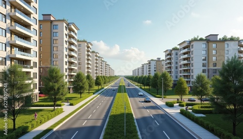 Modern residential street with green landscaping and copy space