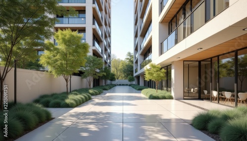 Modern urban apartment building entrance with copy space