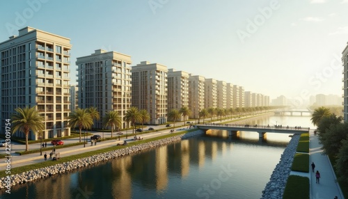 Modern urban waterfront with residential buildings and copy space