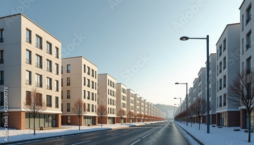 Modern Urban Residential Street with Snow and Clear Copy Space