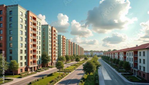 Modern residential apartment buildings with green landscaping and copy space