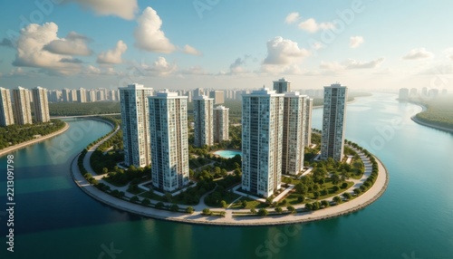 Modern High-Rise Residential Buildings on Island with Copy Space