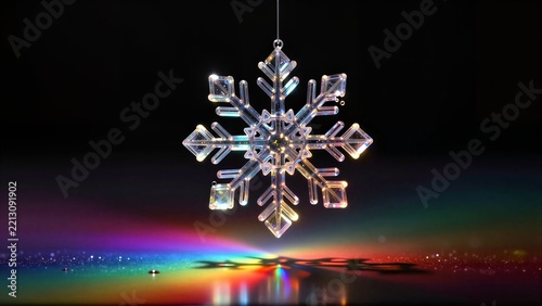 Crystal snowflake hangs above vibrant, rainbow-colored glittering surface against dark background.
