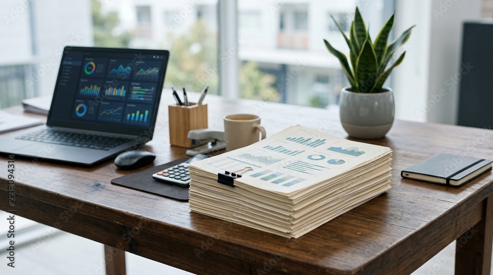 Fototapeta premium Bottom-up cost reports stacked on analytics desk, cost budgeting and logistics expense analysis