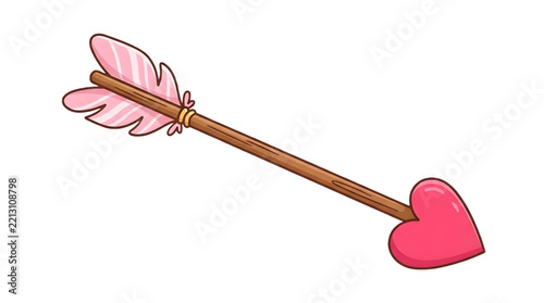 Valentines Day cupid arrow with pink heart tip and feather fletching