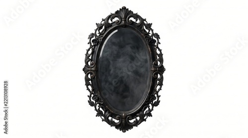 Ornate vintage oval mirror with smoky reflection isolated on white background