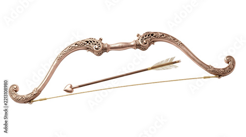Ornate rose gold Cupid bow and arrow isolated on transparent background