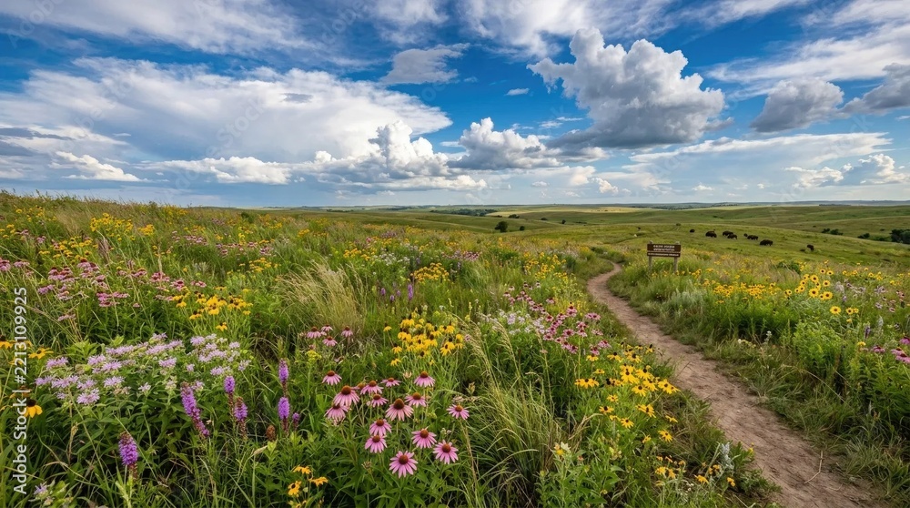 Naklejka premium Vast prairie landscape with a winding dirt path, vibrant wildflowers, and lush green grasses under a dramatic blue sky with fluffy white clouds, showcasing the natural beauty of the American Midwest