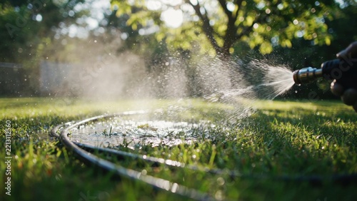 Garden hose spraying fine mist over green grass lawn during sunset for hydration and residential landscape maintenance.