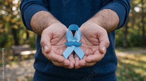Man Holding Blue Ribbon with Moustache Symbol for Prostate Cancer Awareness Outdoors
