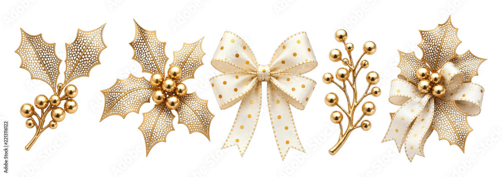 Fototapeta premium PNG Elegant gold holiday bows berries and holly decorations