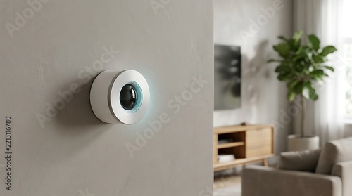 Close-up of a circular smart home security camera or thermostat mounted on a neutral wall inside a modern apartment living room with a TV stand and a green plant.