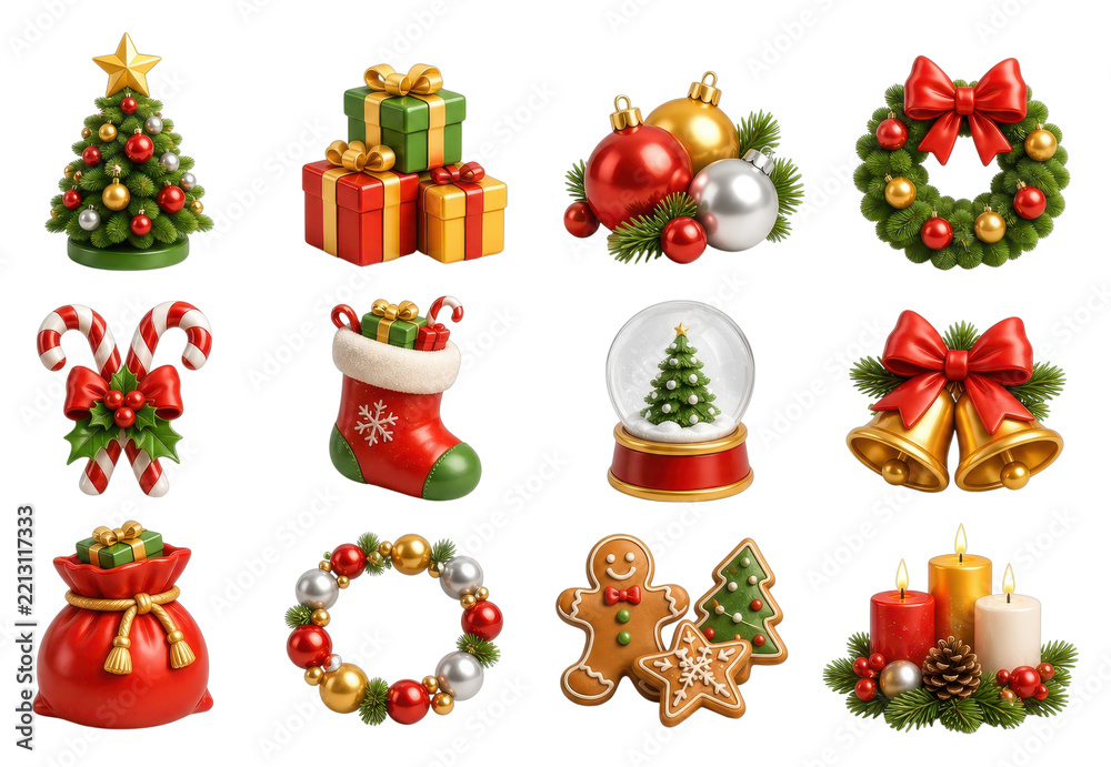 Naklejka premium PNG Festive Christmas icons with wreaths, gifts, ornaments, bells