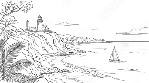 Coastal Lighthouse on Rocky Cliff Overlooking the Ocean Vector Illustration