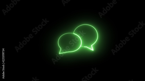 Neon line speech bubble icon on a black background, symbolizing digital communication, chat, online messaging, and futuristic technology connectivity concept.