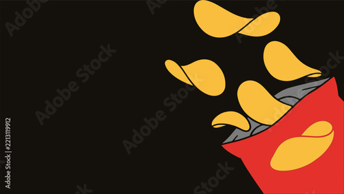 Crispy potato chips flying from a red snack bag against a dark background ideal for food ads packaging posters banners menus promotions and creative snack themed designs for retail