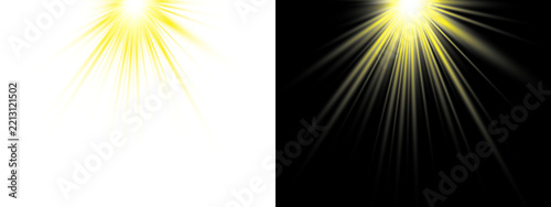 Golden Radial Light Rays. Bright Sunburst Glow, Dramatic Light Beam Effect, Radiant Golden Flare, Transparent Background