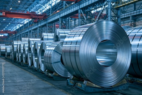 Massive Steel Coil Among Rows in Modern Metal Manufacturing Mill