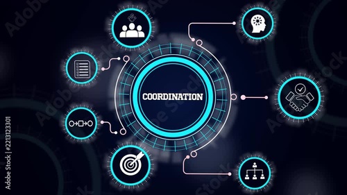 Coordination management strategy concept with corporate task synchronization, team alignment and process order