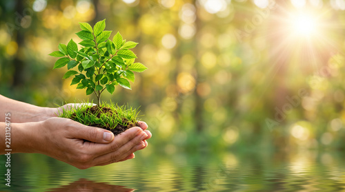 Hands holding small green tree on grass mound with sunlight and bokeh background, environmental conservation and sustainability concept with copy space