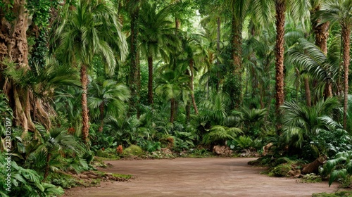 Dense tropical rainforest with lush greenery and dirt pathway in natural setting