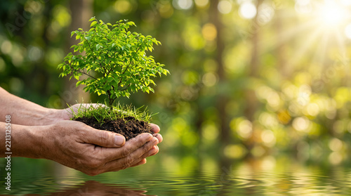 Hands holding small green tree on grass mound with sunlight and bokeh background, environmental conservation and sustainability concept with copy space