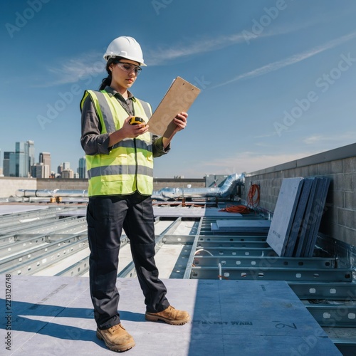 Female civil engineer wearing safety vest and hard hat holding clipboard on commercial building rooftop during inspection.