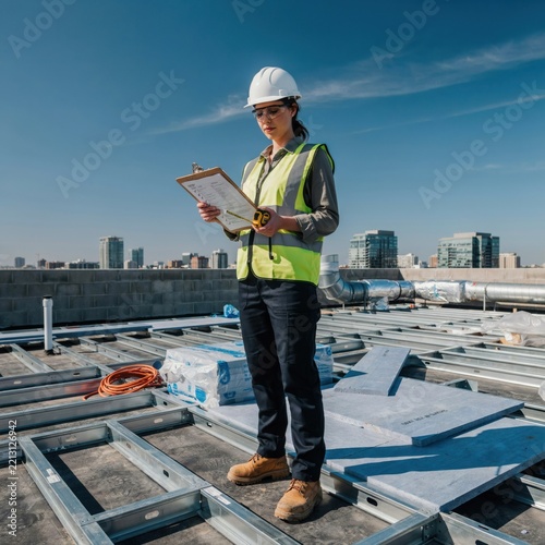Female site supervisor in reflective vest checking checklist on metal roof frame structure at urban construction project.