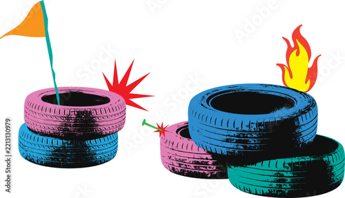 Abstract illustration of colorful stacked tires with decorative flame and flag elements as a creative collage design transport colorful illustration abstract transparant background