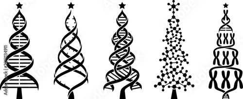 Christmas tree set with DNA helix and science symbols in black silhouette for holiday design