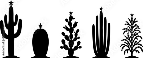 Christmas cactus silhouettes with stars isolated on white background for holiday design projects