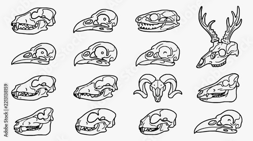 Diverse Animal Skull Line Art Collection for Scientific and Educational Use
