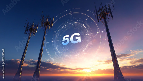 5G network cell towers with futuristic holographic connection at