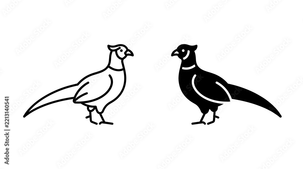 Fototapeta premium Peacock and pheasant bird icons, minimal line art isolated on transparent background