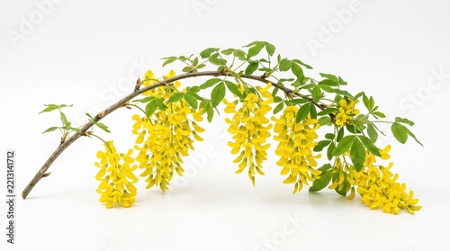 Beautiful yellow laburnum flower branch with green leaves in spring