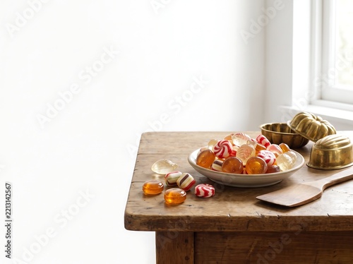 A collection of assorted handmade hard candies rests on a rustic wooden surface with golden molds confectionery hardcandy lozenge sugarplum