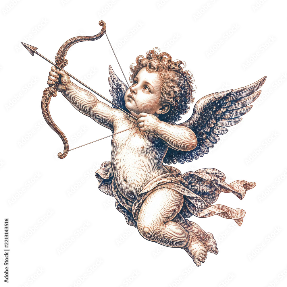 Fototapeta premium Vintage cherubic angel boy with bow and arrow PNG on transparent background