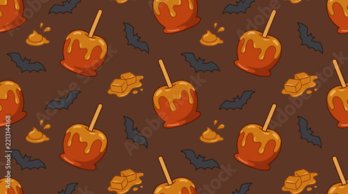 Halloween seamless pattern with candy apples and bats