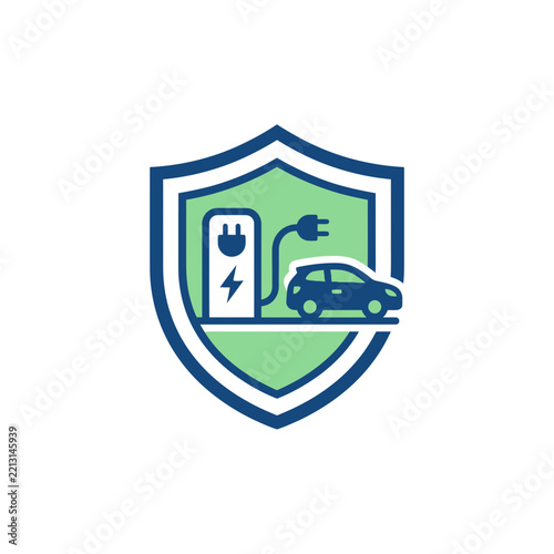 Electric vehicle insurance and protection concept icon with charging car inside shield