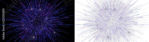 Abstract cosmic explosion with radial light streaks and sparkling stars, dynamic energy burst effect in deep space, vibrant blue and purple particles isolated on transparent background