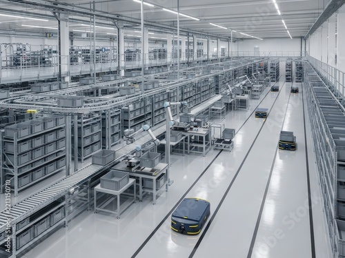 The Image Shows A Large Warehouse With A High Ceiling And Rows Of Shelves