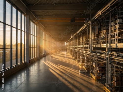 The Image Shows A Large Warehouse With Rows Of Shelves On The Right Side