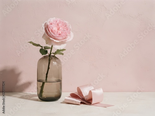 The Image Shows A Single Pink Rose In A Glass Vase On A White Surface The